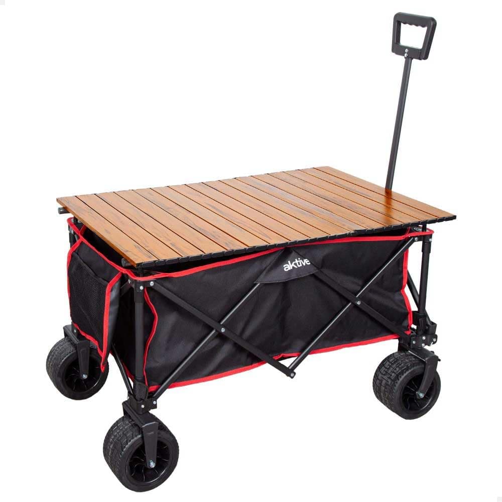 Aktive Carrinho mesa de praia, para transportar acessórios de praia, jardim ou campismo, 100 kg, rodas robustas e giratórias de 360 graus com travões, cabo multiângulo, bolso, capas, porta-cadeiras