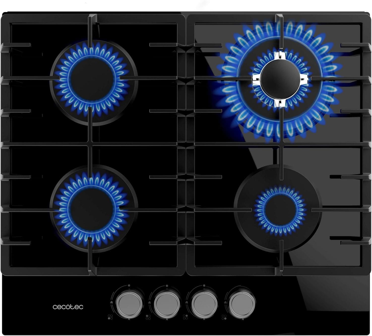 Cecotec Placa de gás butano e natural 4 fogos Bolero Squad G 4200F Glass Black. 8000W, vidro preto, grelhas completas ferro fundido, WOK coroa tripla, ignição elétrica, sistema de segurança