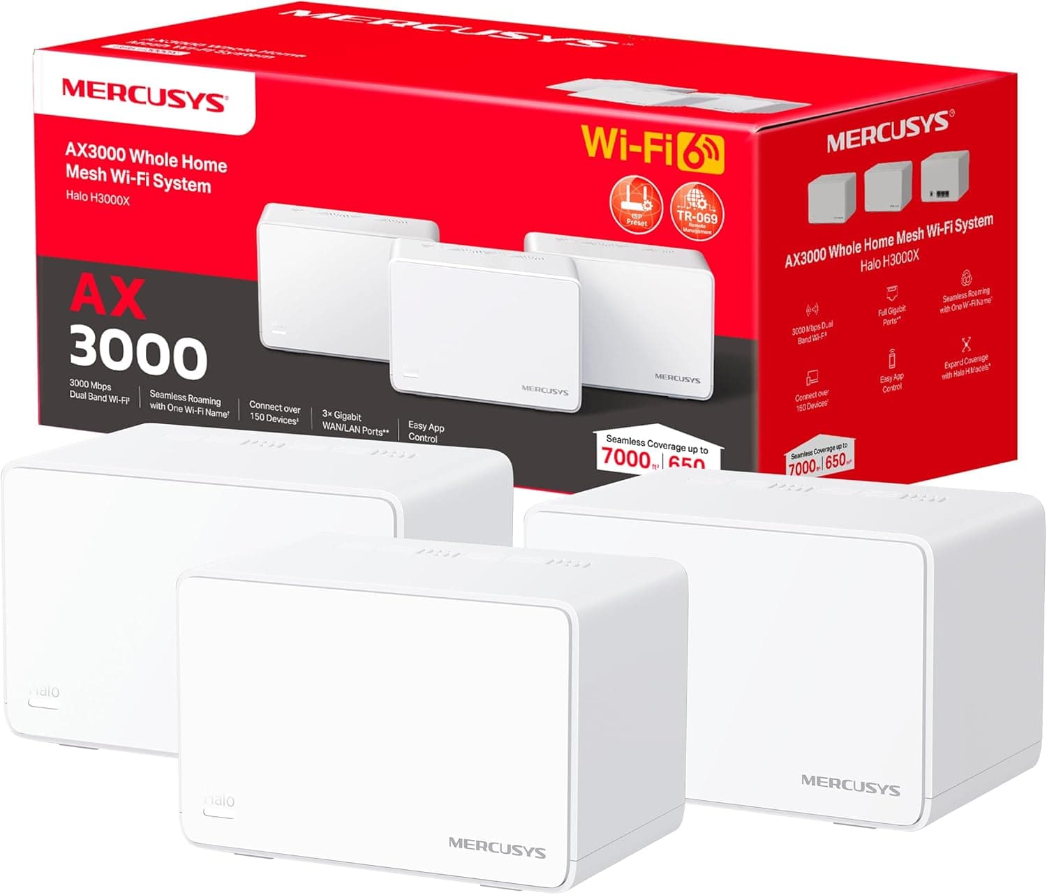 Mercusys Halo H3000X (3-Pack) - Router Mesh WiFi 6 AX3000, banda dupla 2 4 Ghz/5 Ghz, 3 portas Gigabit, cobertura até 650 m², MU-MIMO, OFDMA, 1024-QAM