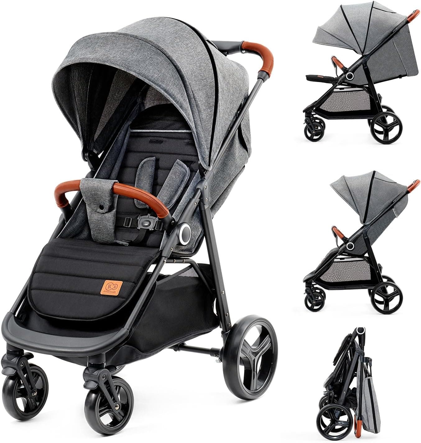 kk Kinderkraft GRANDE PLUS Cadeira de passeio leve desde o nascimento até 22 kg, dobrável com uma mão, posição deitada, suspensão de todas rodas, grande capô XL, cinzento