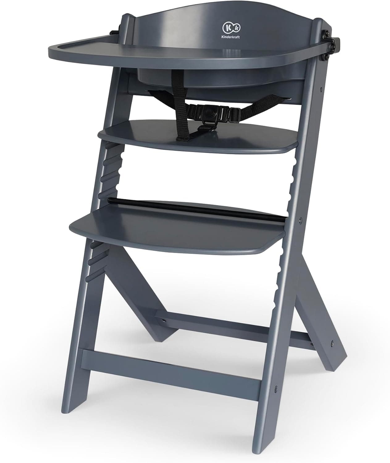 kk Kinderkraft ENOCK Cadeira alta bebé de madeira, infantil, portátil, para crianças, cadeira alta evolutiva, ergonómica, com acessórios, barreira e bandeja, cinzento completo