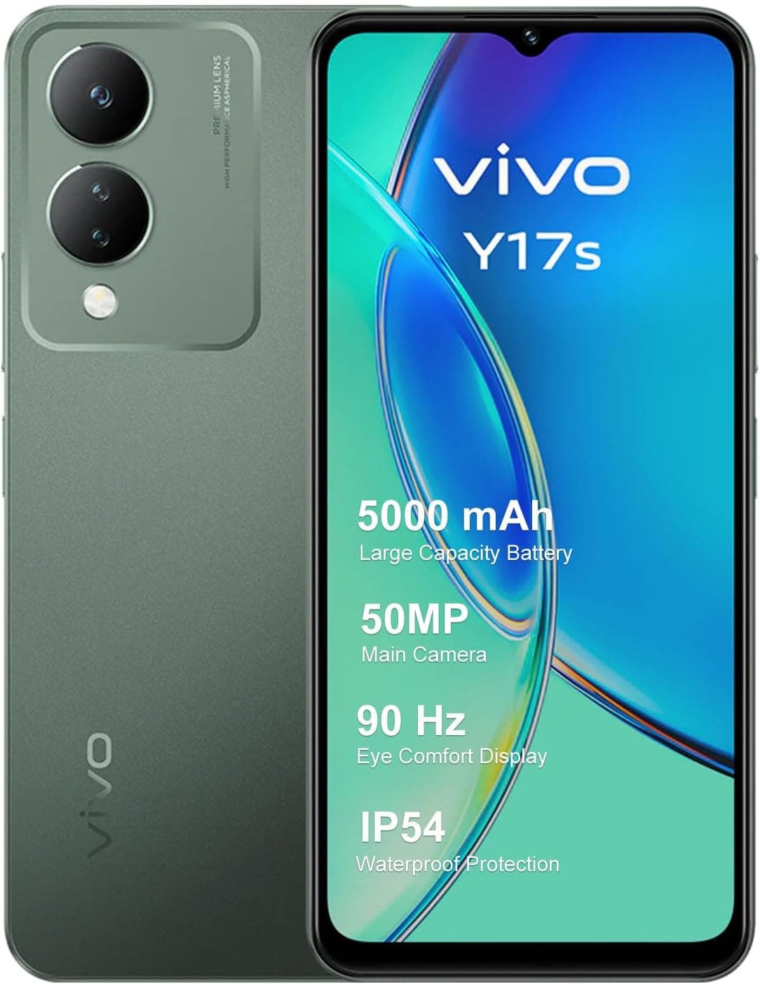 vivo Y17s Smartphone 4 GB RAM 128 GB ROM, bateria de 5000 mAh, corpo fino 2,5D, ecrã 90 Hz HD de 6,56" de alto brilho, resistente à água IP54, GPS, Android 13, verde