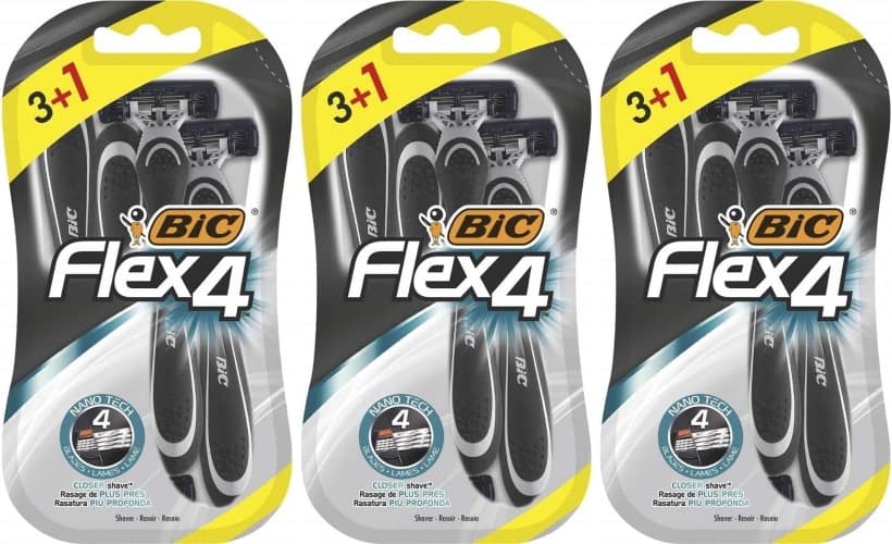 BIC Flex4 máquinas de barbear descartáveis para homem, para um barbear rápido e rápido, 3 + 1 lâminas de barbear, padrão x 3