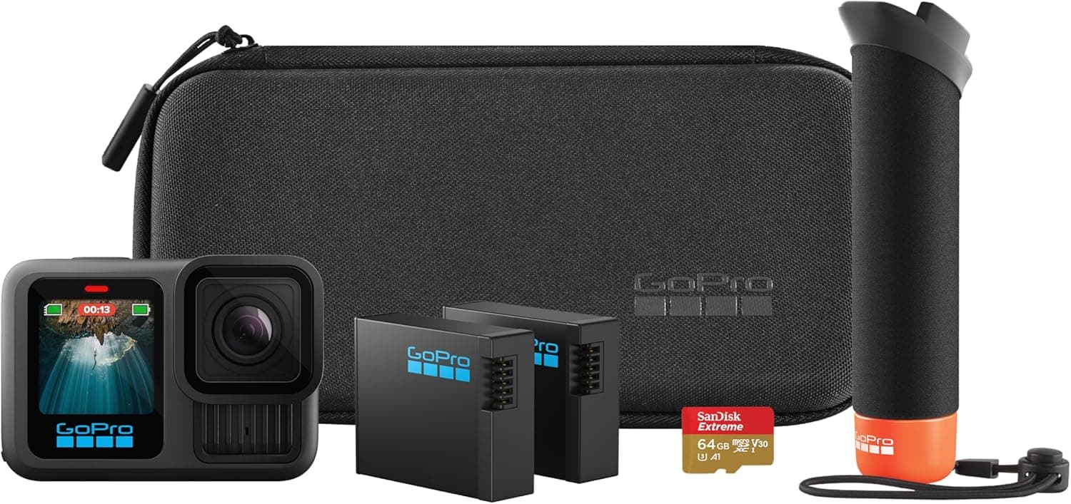 GoPro Pacote de acessórios HERO13 Black: Inclui o controlador (pega flutuante), 2 baterias de enduro, 2 suportes adesivos curvos, cartão microSD SanDisk de 64 GB, estojo de transporte e muito mais