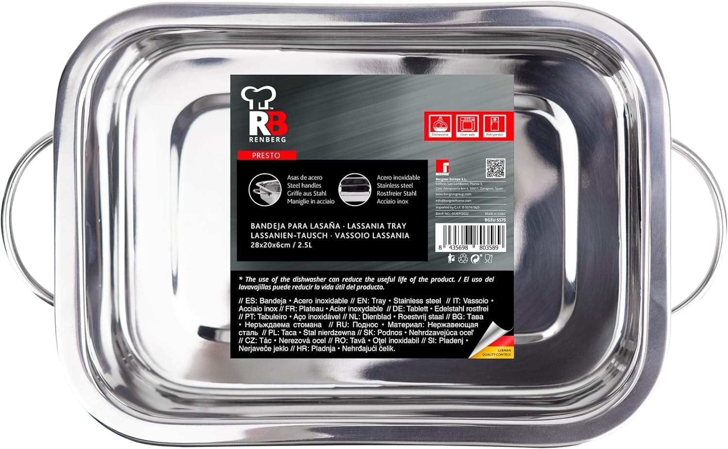Renberg RB Presto - Bandeja para forno retangular - fabricada em aço inoxidável - boa anti-adesão, tamanho 28 x 20 x 6 cm - útil para lasanha pastel caçarola tampas