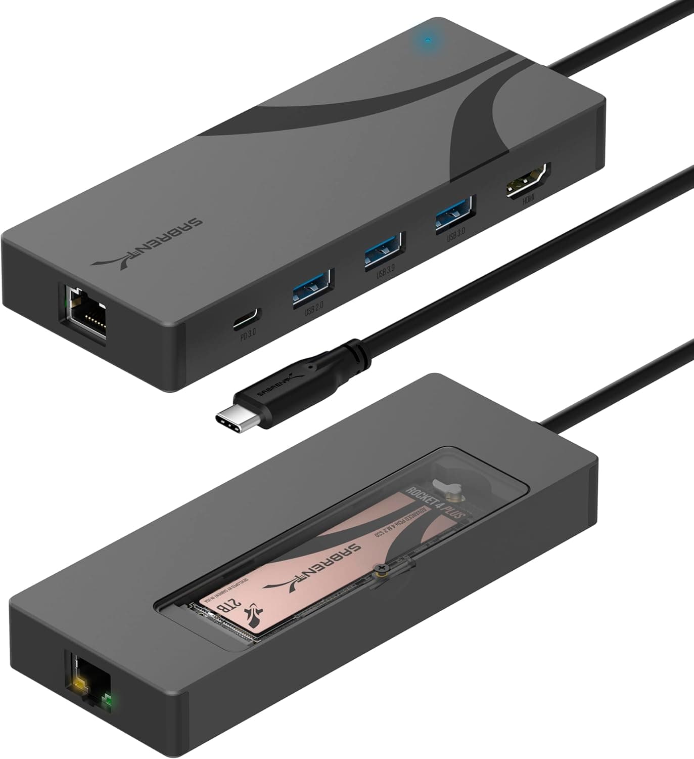 Sabrent HB-6PNV | Docking station USB 3.2 com caixa para SSD M.2 NVMe e SATA, hub com HDMI 4K, Ethernet 1GbE e alimentação 90W
