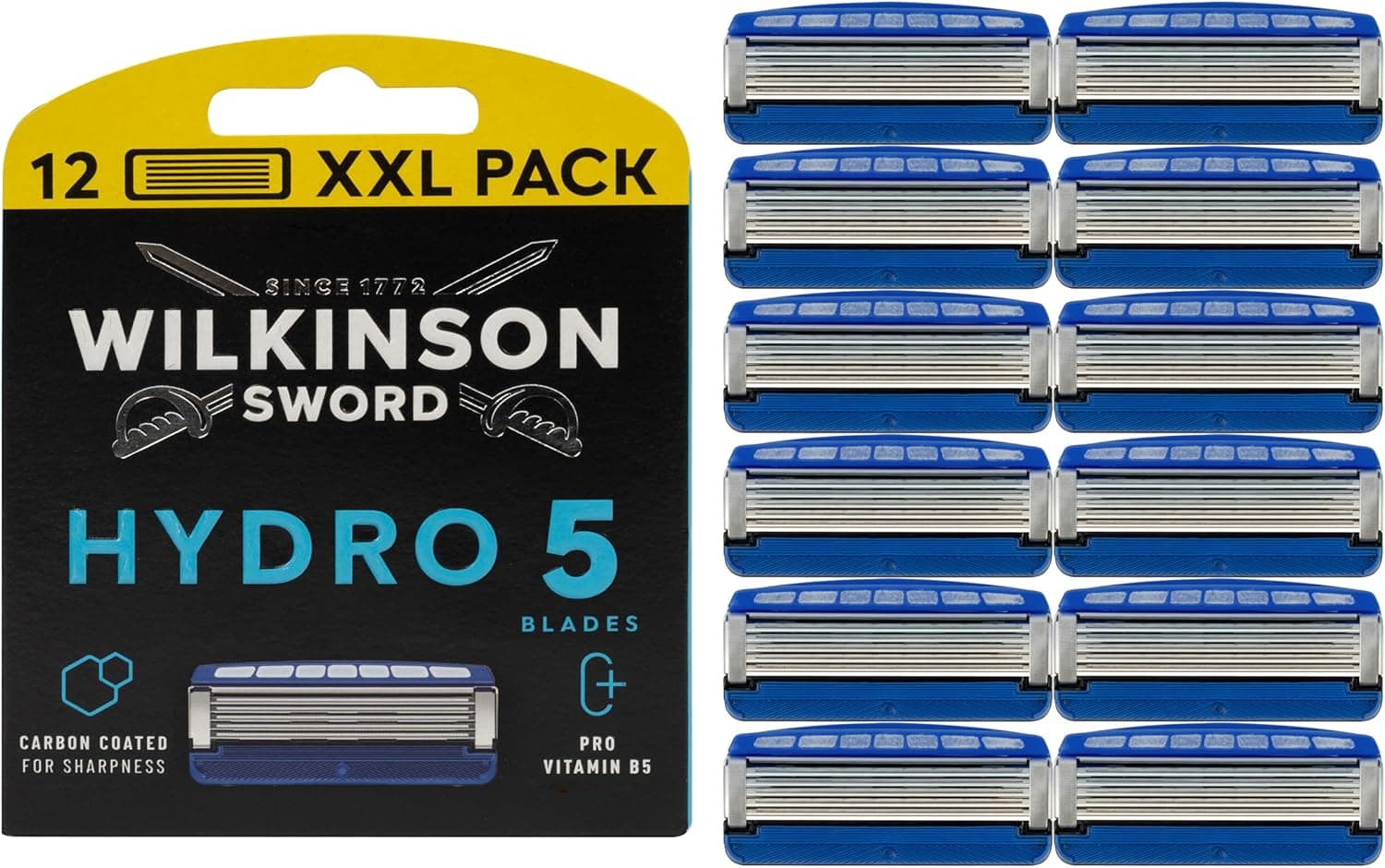 WILKINSON SWORD - Hydro 5 lâminas de barbear para homem, com revestimento de carbono, gel hidratante e aparador de precisão, embalagem de 12 peças de lâminas de barbear