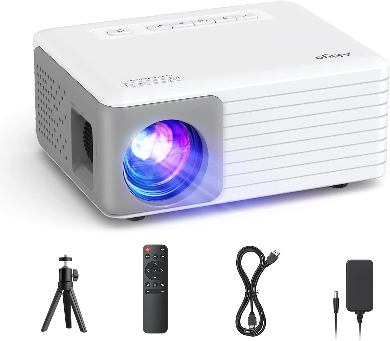 Mini projetor portátil com tripé, 8000 Lumens projetor de vídeo suporta HD 1080P, AKIYO Projetor portátil cinema em casa, para telemóvel / PC/PS4/TV Stick/HDMI