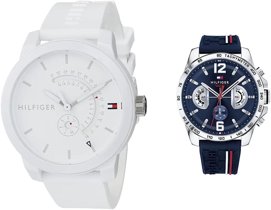 Tommy Hilfiger Relógio analógico de quartzo multifuncional para homem com correia em silicone, azul (Navy) e relógio analógico de quartzo para homem com correia em silicone branco - 1791481