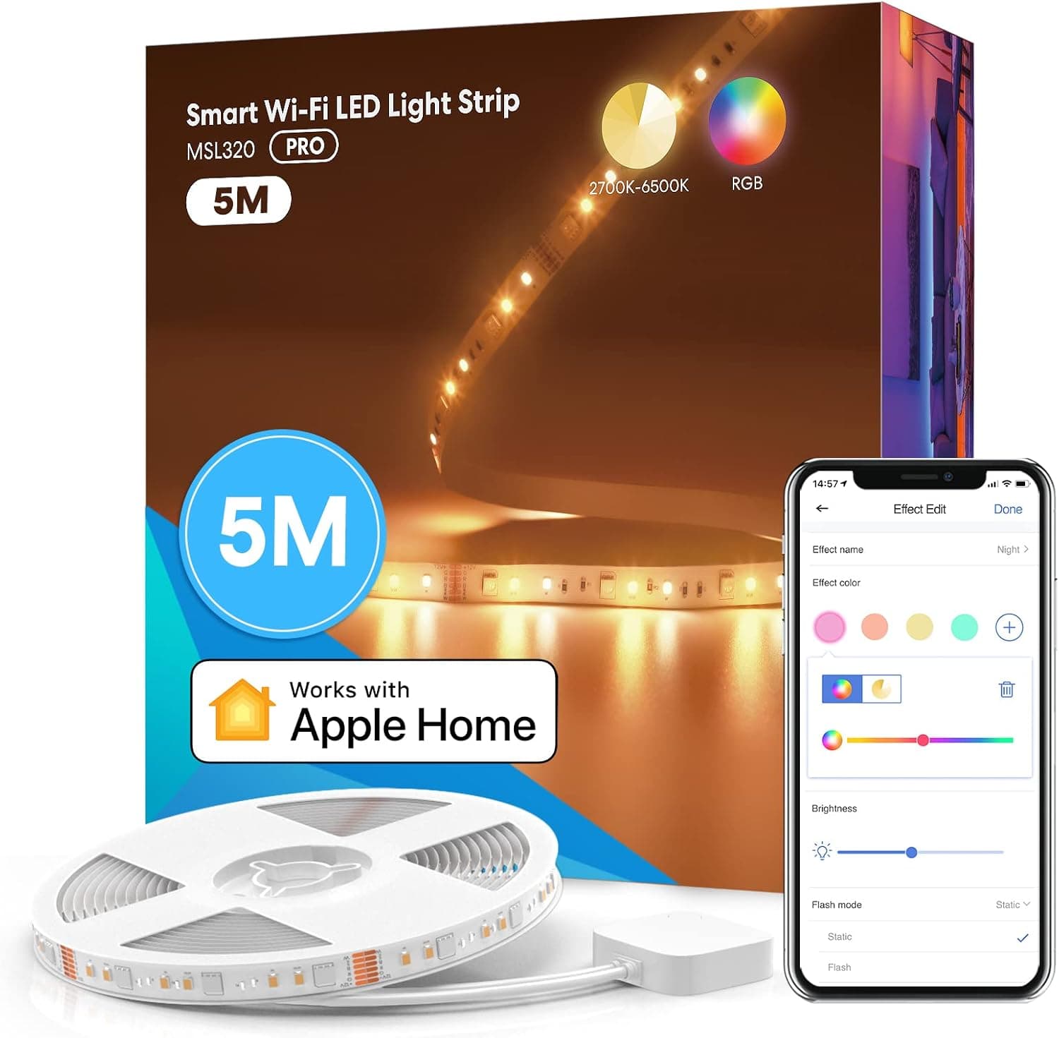 Meross Tiras LED WiFi, 5 m RGBWW LED tiras inteligentes, 2700 K-6500 K, compatível com Apple HomeKit, Alexa e Google Assistant, controlo com APP e controlo remoto