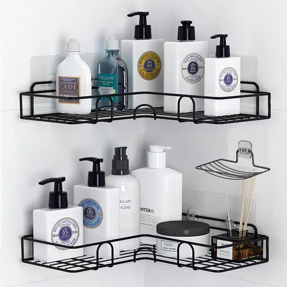 RCQD Prateleira casa de banho, estante metálica casa de banho aço inoxidável, adesivo, pendente para parede acessórios casa de banho para sabão, champô, secador de cabelo 2 peças preto estante duche