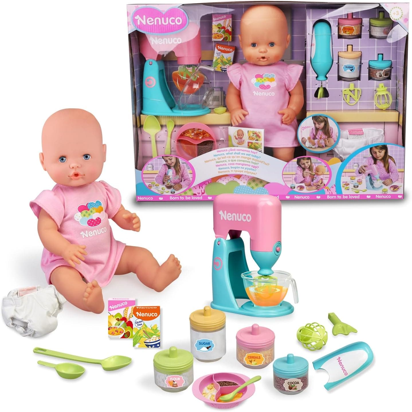 Nenuco - Boneco bebé com acessórios de comida e lanches para fazer papas, com 2 brinquedos eletrónicos, batedeira e colher, meninas e meninos de 4 anos, famosa (NFN43000), versão atual