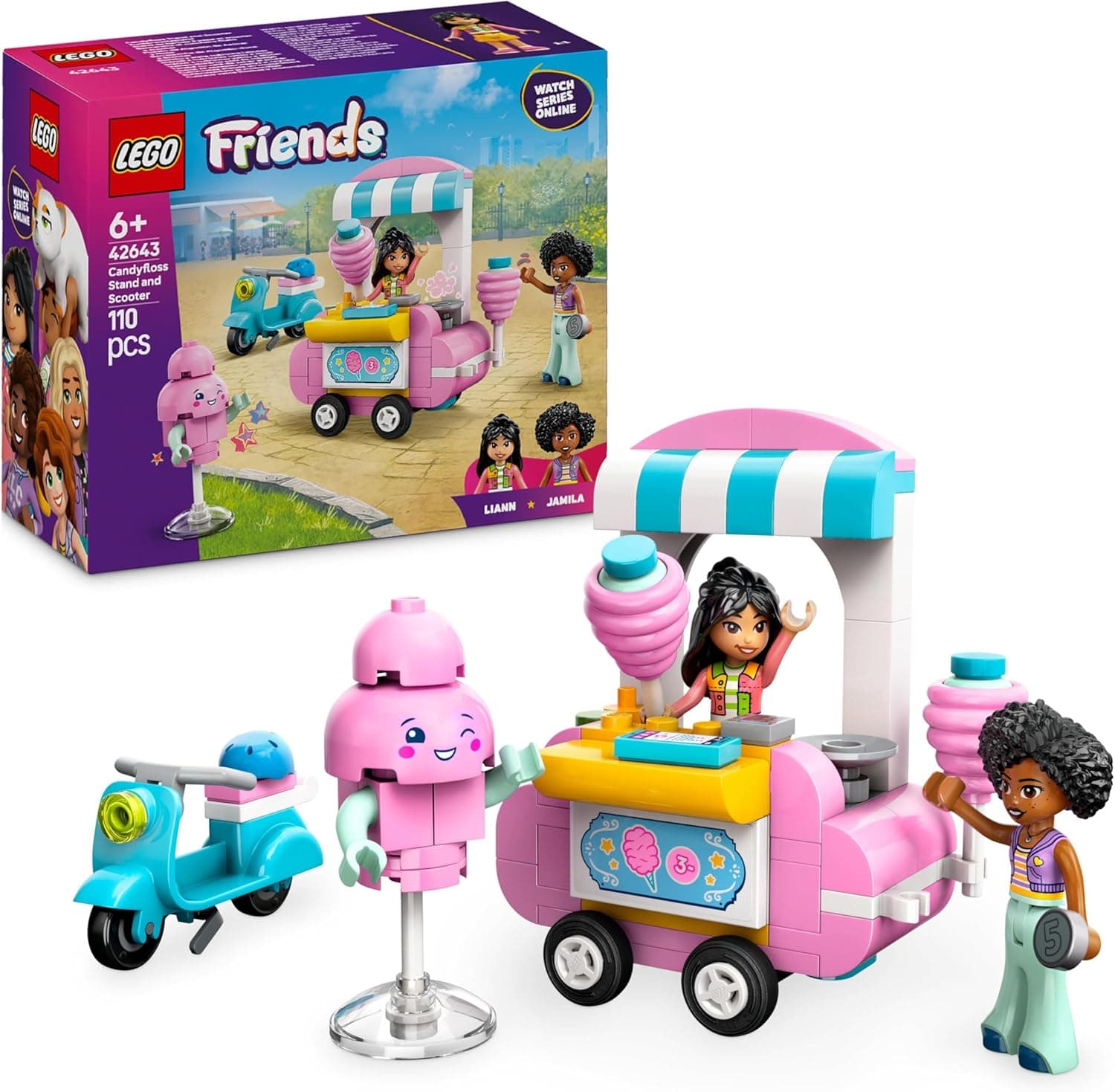 LEGO Friends Posto de Algodão Doce e Motociclo – Carrinho de Comida com 2 Mini Bonecas (Liann e Jamila), Conjunto de Lojas, Presente para Crianças a partir dos 6 Anos