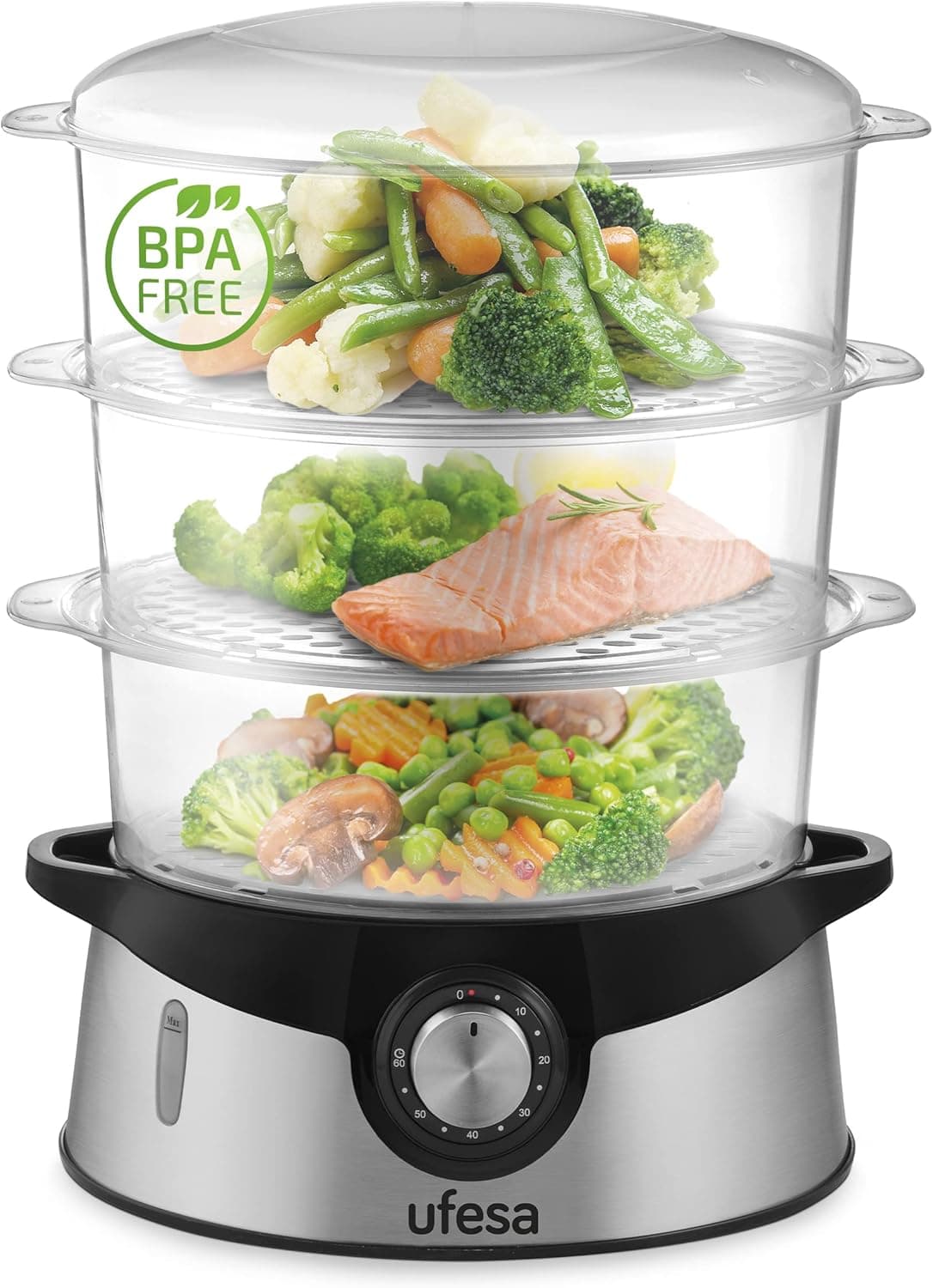 Ufesa CV4000 | Cozedor a vapor elétrico com 3 tabuleiros empilháveis, 9 L, taça para arroz 1 L e temporizador 60 min