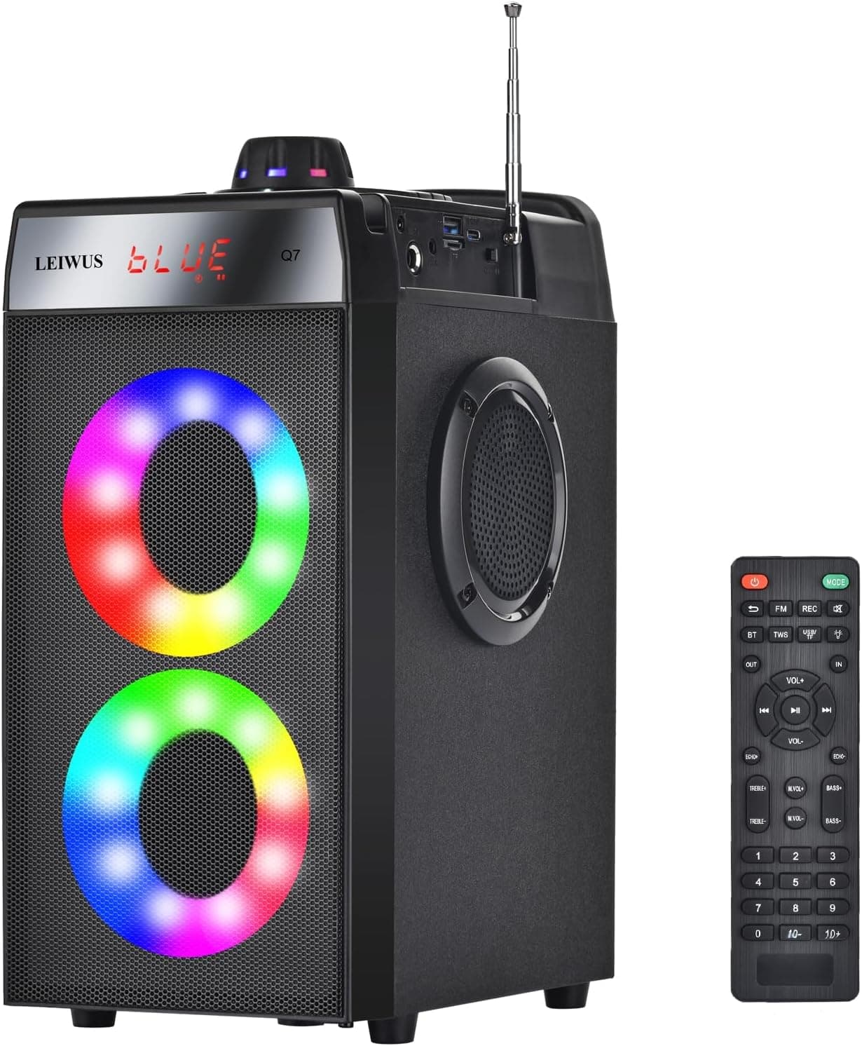 LEIWUS Altifalantes Bluetooth, altifalante portátil sem fios de 60 W com woofer, luzes, rádio FM, equalizador, altifalante pequeno forte para festa com som estéreo para casa, campismo ao ar livre