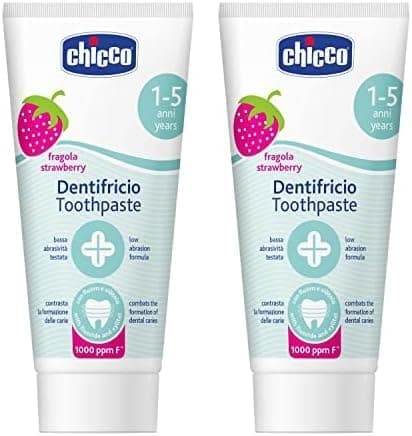 Chicco Pasta de dentes de morango sensível de baixa abrasão com fluor, Xilitol, sem conservantes, ajuda a prevenir cáries e remover placa - para crianças + 1 ano, 50 ml x 2