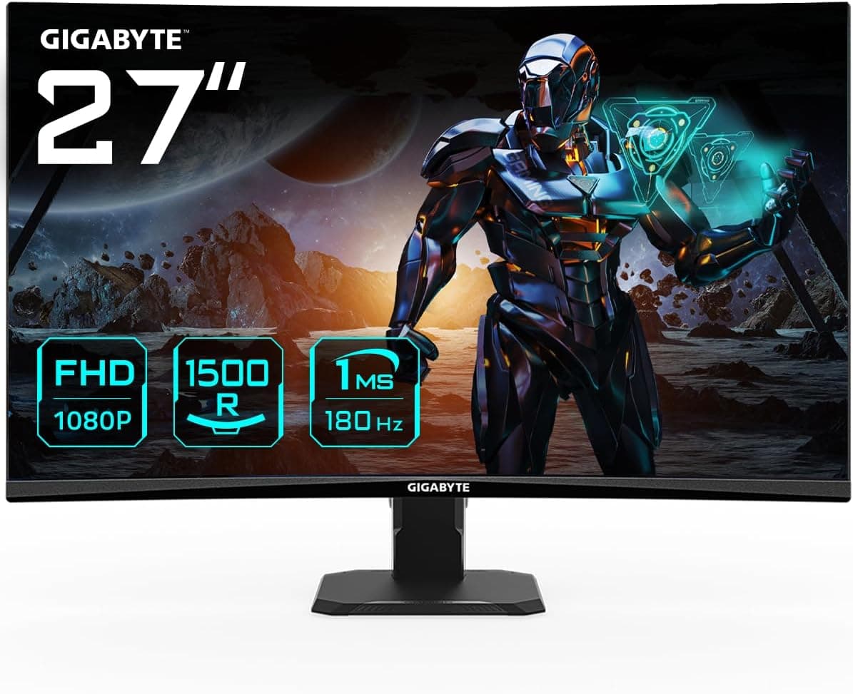 Gigabyte GS27FC Monitor de jogo curvo FHD de 27", 1920 x 1080, 1500R, 180Hz, 1 ms, 250 CD/m², FreeSync Premium, HDR Ready, HDMI 2.0, Displayport 1.4