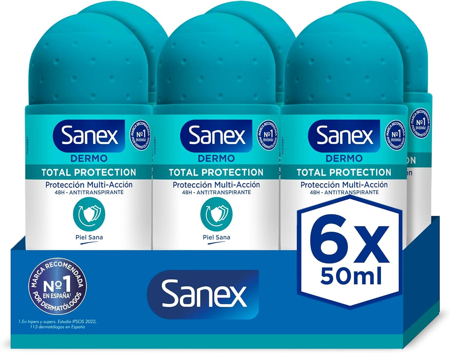 Sanex Dermo Total Protection Desodorante Roll-On, pack 6 unidades x 50 ml, até 48 horas de proteção contra o suor e o odor, desodorizante anti-respirável, dermatologicamente testado