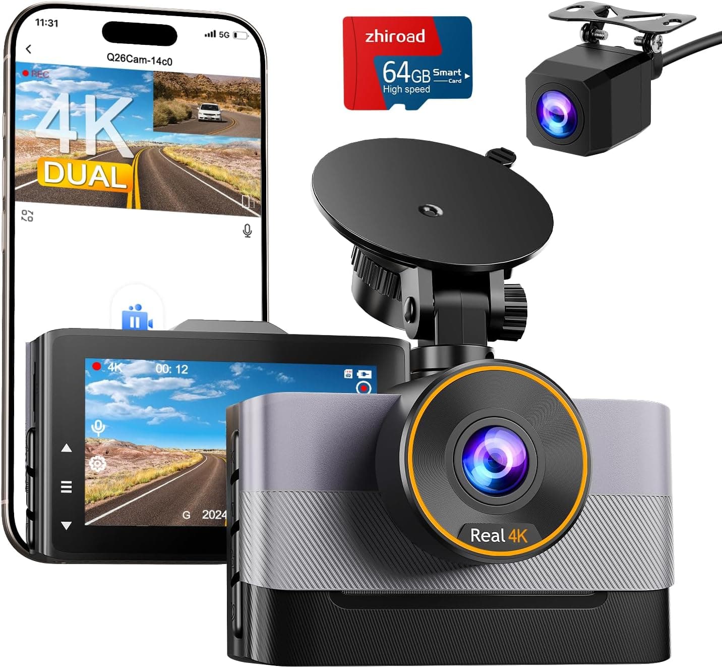 Dashcam, 4K + 1080P WiFi Dash Cam carro, ecrã IPS de 3" câmara gravador de carro com cartão SD 64 GB, 170° 140° grande angular, visão noturna, sensor G, monitor de estacionamento 24H, gravação de 24H