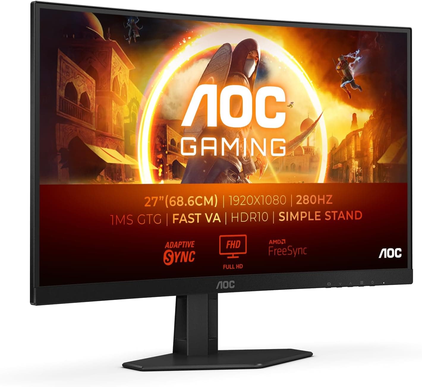 AOC Gaming C27G4ZXED Monitor FHD Curved de 27 polegadas, 280 Hz, 1 ms, HDR10, FreeSync Premium 1920 x 1080, HDMI, DisplayPort preto/cinzento, 27 polegadas FHD curvo, suporte Fixo