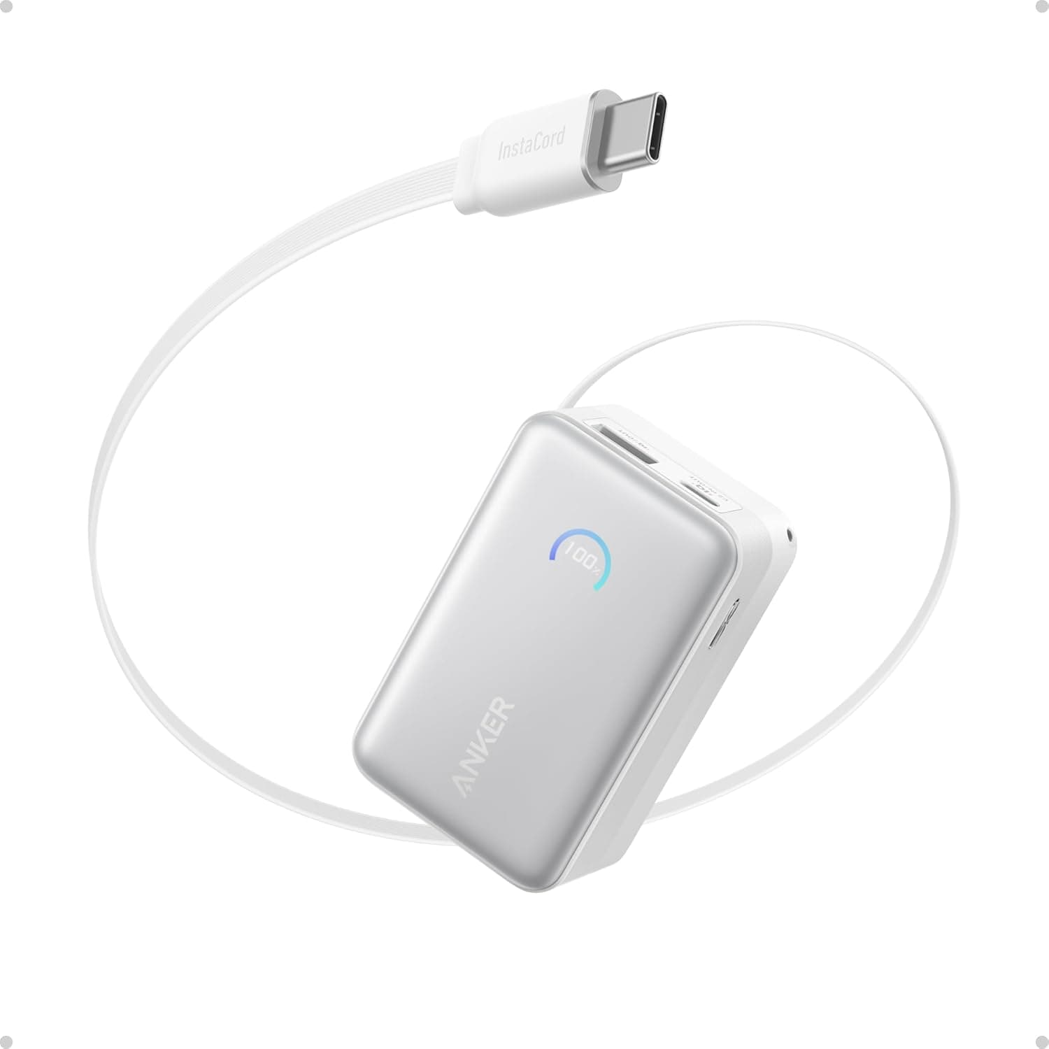 Anker Nano Power Bank 10000mAh | Carregador portátil retrátil de 45 W com cabo InstaCord de 70 cm para smartphones e tablets