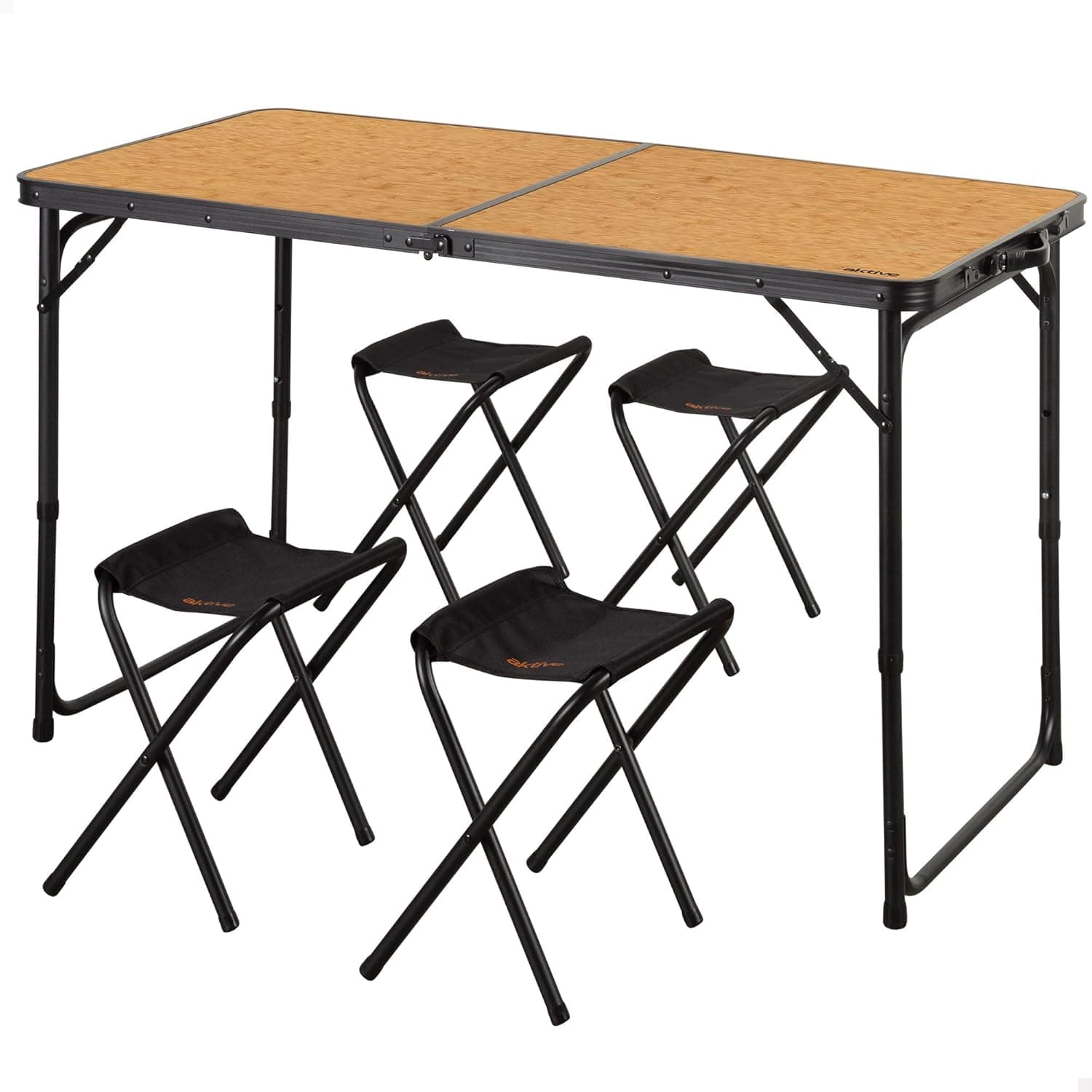 AKTIVE 63162 | Mesa de alumínio dobrável com 4 bancos altura regulável e pega portátil para camping e jardim 120 x 60 cm acabamento bambu