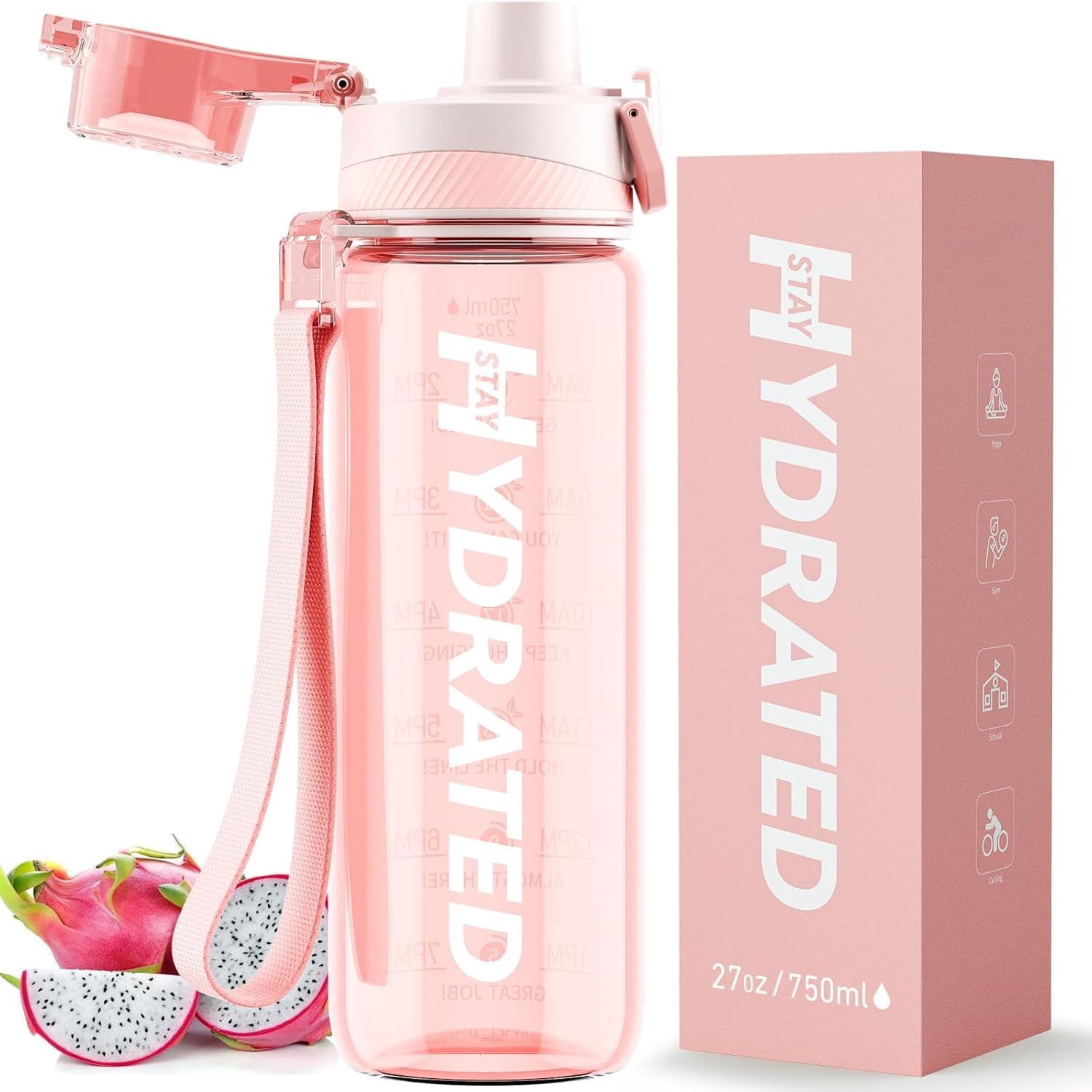Mevoly Garrafa de água de 750 ml, garrafa de água ginásio sem BPA com marcador de tempo, garrafa de água desportiva de plástico motivacional, cantil para ginásio, colégio, bicicleta