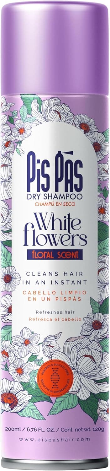 PisPás Dry Shampoo White Flowers - champô seco com fragrância a flores brancas, refrescante e elimina o óleo, ideal para todos os tipos de cabelo