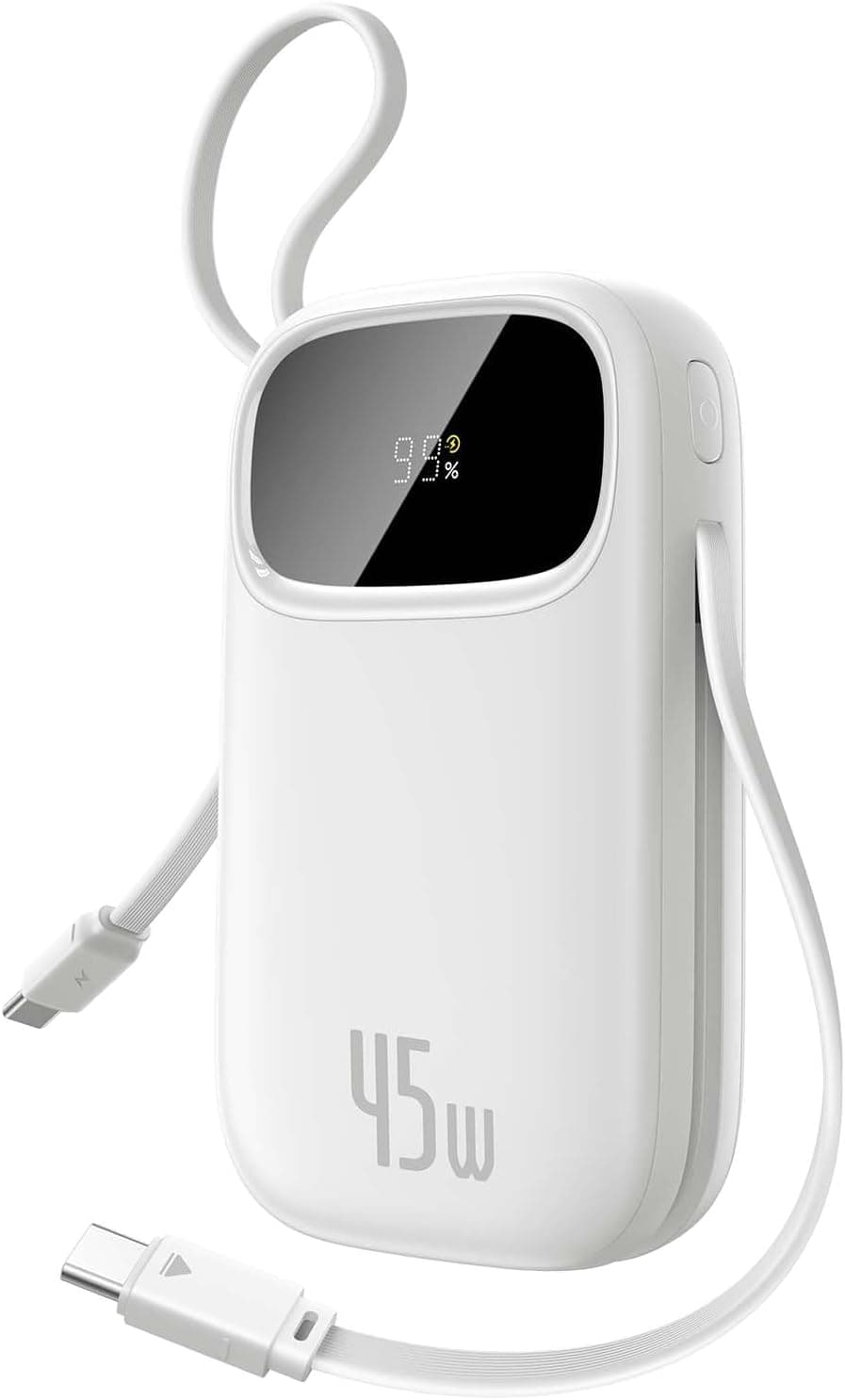 Baseus Powerbank 45W 20000mAh with 2 Built-in USB-C Cables, Power Bank PD3.0 QC4.0 External Batteries Fast Charging, 3C 1A, Portable Charger for iPhone 16/15/14 Pro Max, Samsung, White
