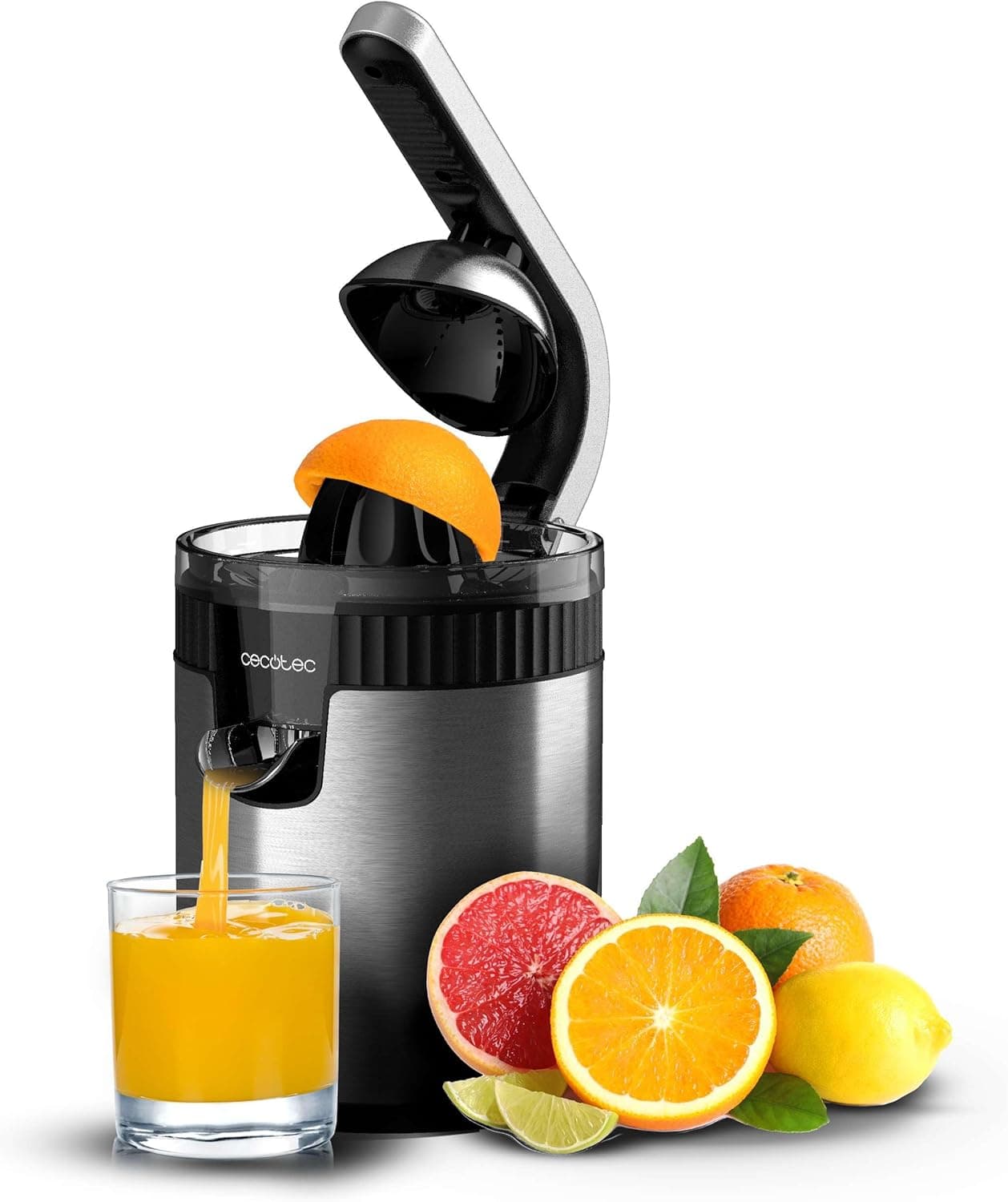 Cecotec Xqueeze RetroJuice 600 Steel | Exprimidor elétrico de braço 600 W com filtro em inox e sistema antigota