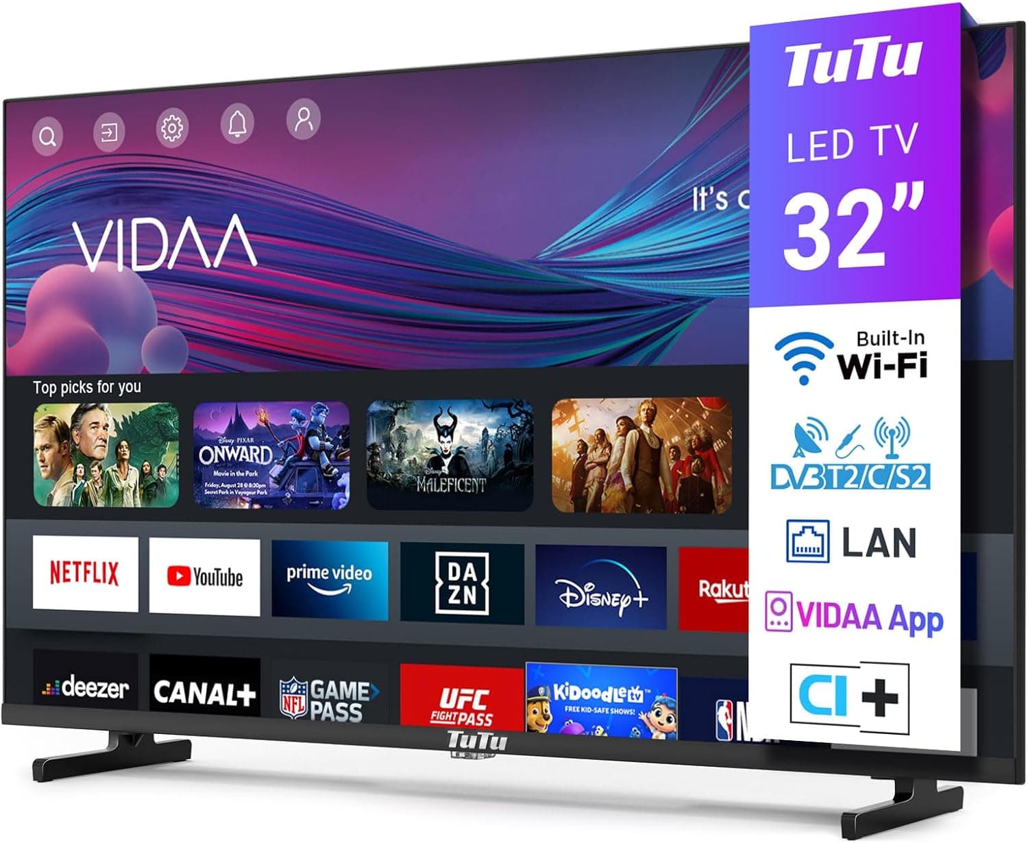 TuTu Smart TV LED HD de 32 polegadas com WiFi, App Store, sintonizador digital, vídeo premium, Netflix, Youtube, DAZN, Disney, Pluto TV, compatível com VIDAA (TUV32HQ1B, 2024)