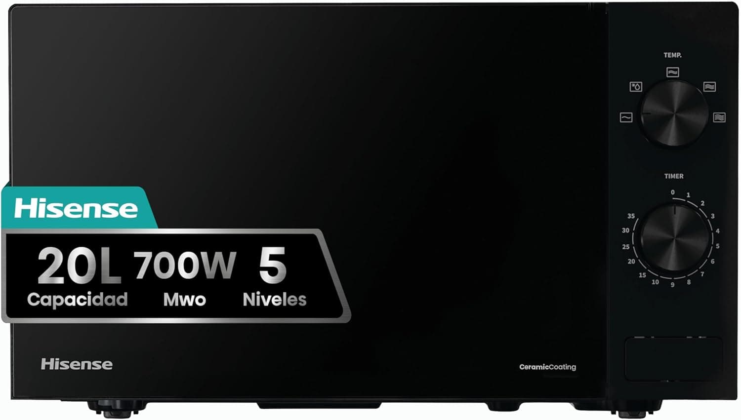Hisense H20MOBP1, micro-ondas, capacidade de 20 l, 700 W de potência, temporizador 30 min, modo de descongelar, puxador, padrão, cor preta