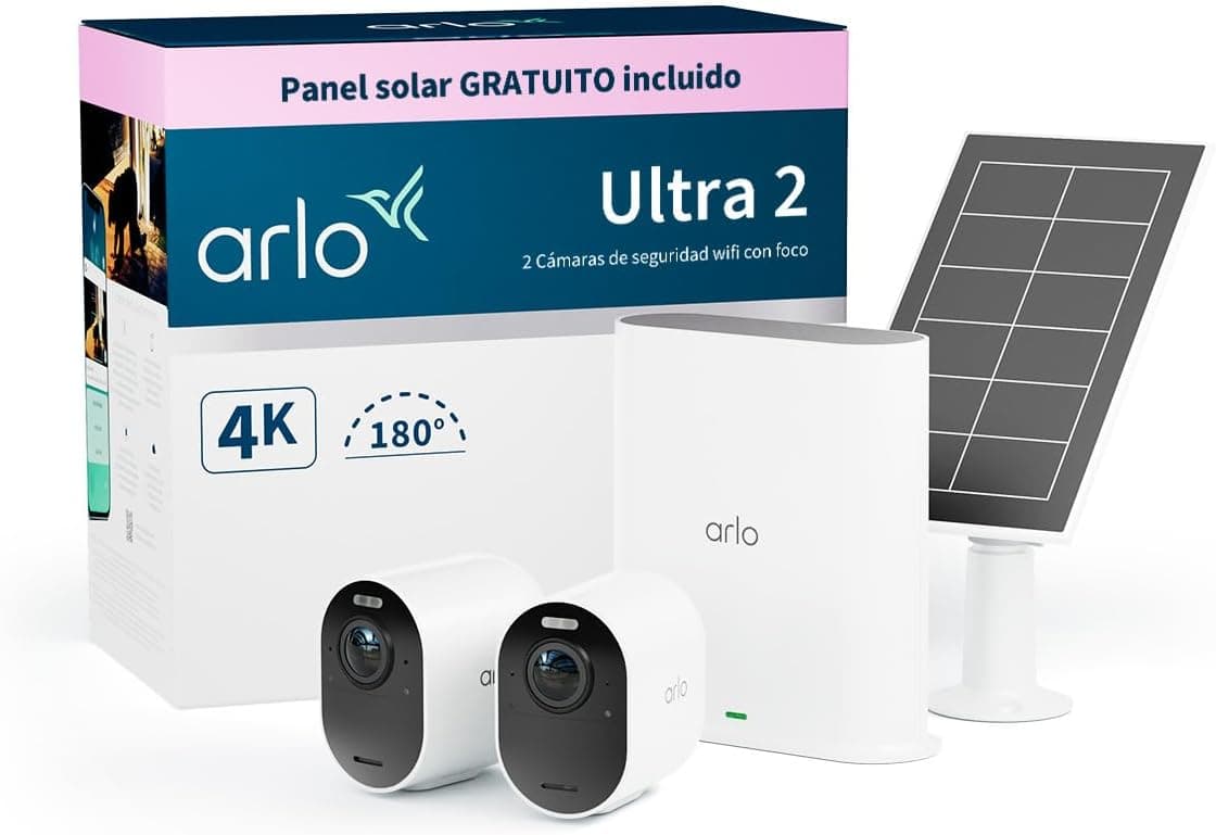 Arlo Ultra 2 Câmara de vigilância WiFi exterior 4K painel solar, câmara de vigilância WiFi interior, sensor de movimento, visão noturna cor, teste de arco seguro incluído, 2 câmaras, brancas