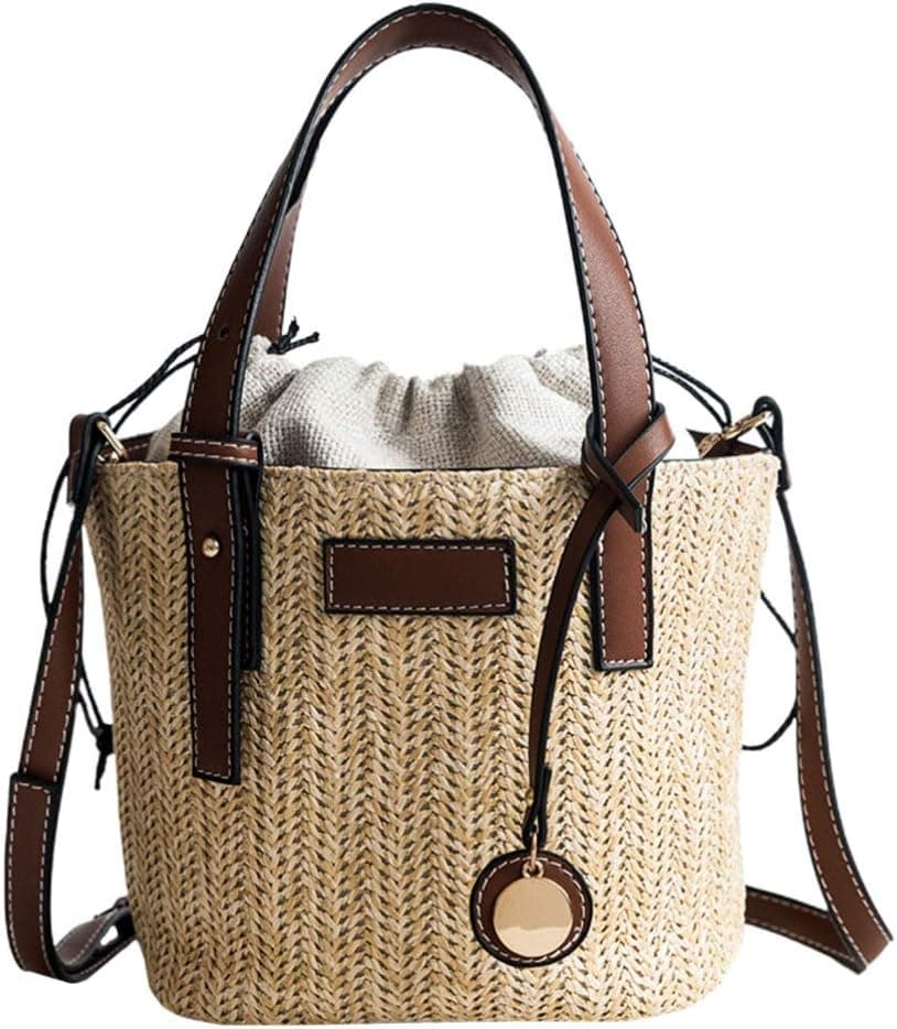Tendycoco - Bolsa com cordão de palha, bolsa de cubo de vime pequeno, bolsa de verão para mulher, casual, viagem, férias, Castanho
