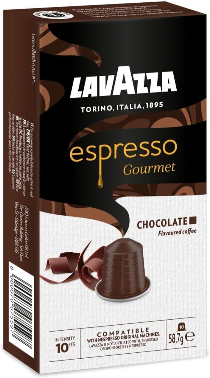 Lavazza, Espresso Gourmet Chocolate, 100 cápsulas de alumínio compatíveis com máquinas nespresso original, com aroma natural de chocolate, árabe e resistente, intensidade 10/13, torrada média