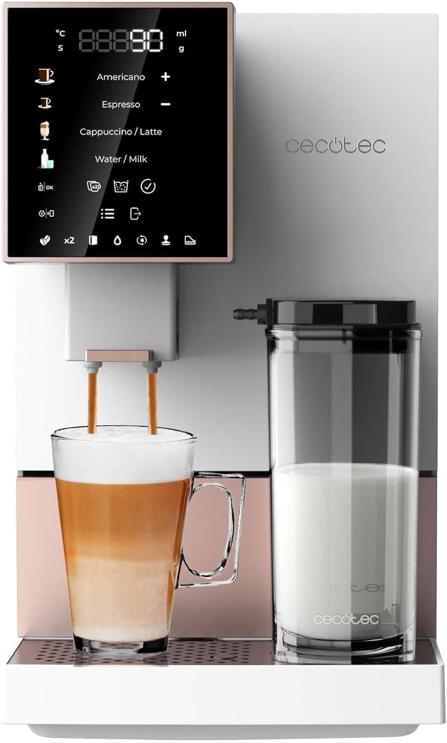 Cecotec Cafeteira super automática Cremmaet Compactccino White Rose, 19 bares, sistema Thermoblock, grão recém-moído com Plug&Play, depósito 150 g café com moinho, 1,1 l água, 400 ml leite
