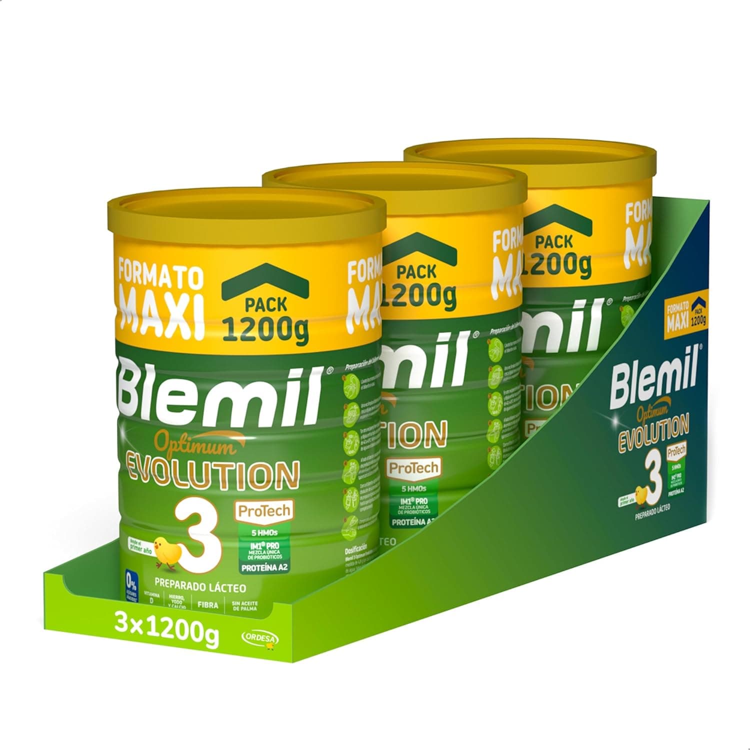 Blemil 3 Optimum Evolution 3PACK | 3 frascos de 1200 g, leite em pó preparado para crianças de 1 a 3 anos, adicionados 0% açúcares, sem óleo de palma