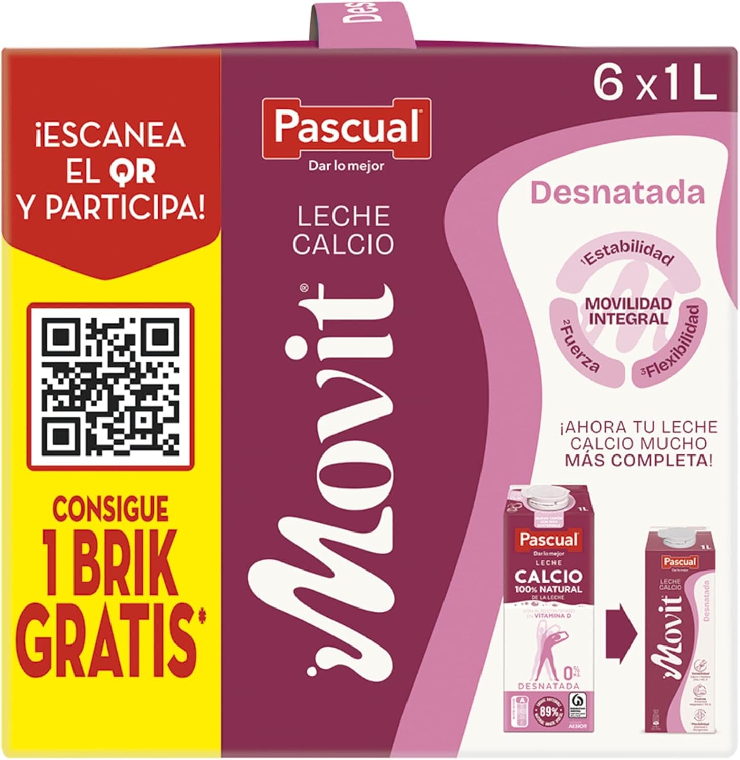 Pascual - Leite magro cálcio bem-estar animal, 6 x 1 L