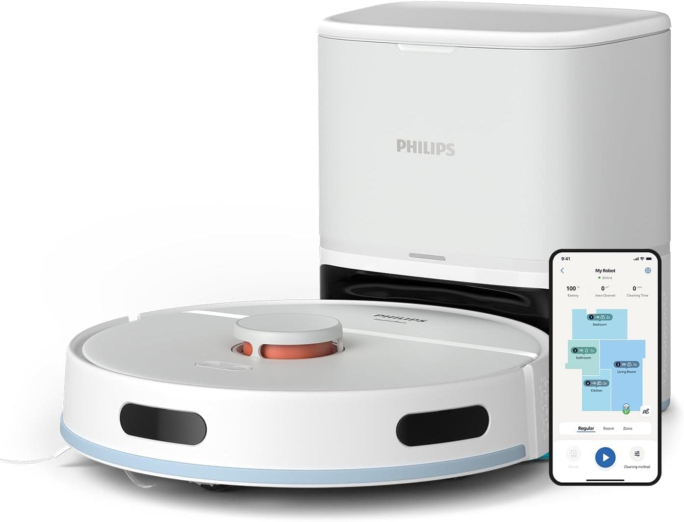 Philips HomeRun Série 2000: Robot aspirador e esfrega-chão 2em 1, 2700 Pa de sucção, 130 min de autonomia, navegação a laser, estação de esvaziamento automático, controlada por app, branco ártico