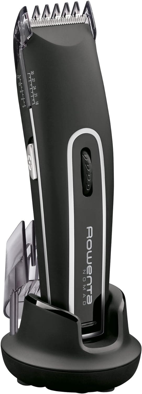 Rowenta Nomad - Corta-pelos com e sem aros, para homem, com lâminas de aço inoxidável e 19 comprimentos de corte com autonomia de 40 minutos, inclui escova e óleo, rede recarregável, preto
