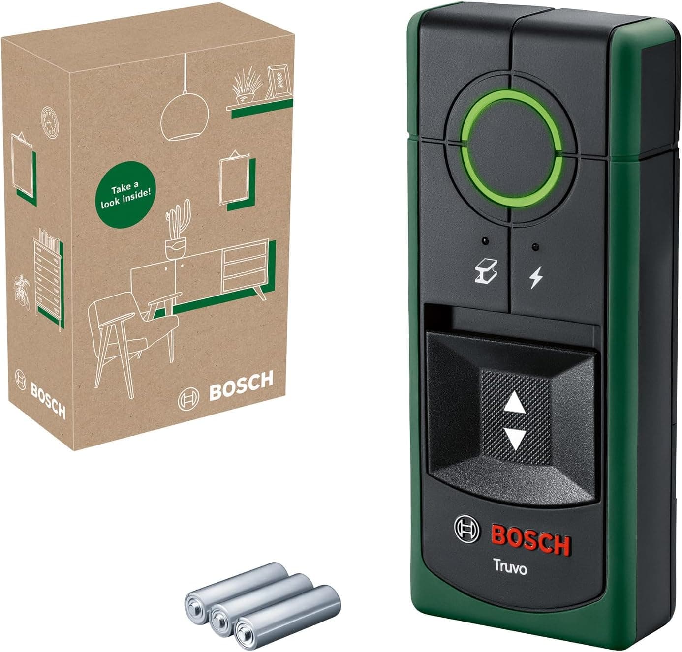 Bosch detetor Truvo 2.ª geração. (manuseamento simples com um só botão, deteção fácil de cabos com tensão e detetor de metais na parede até 70 mm, em caixa para e-commerce)