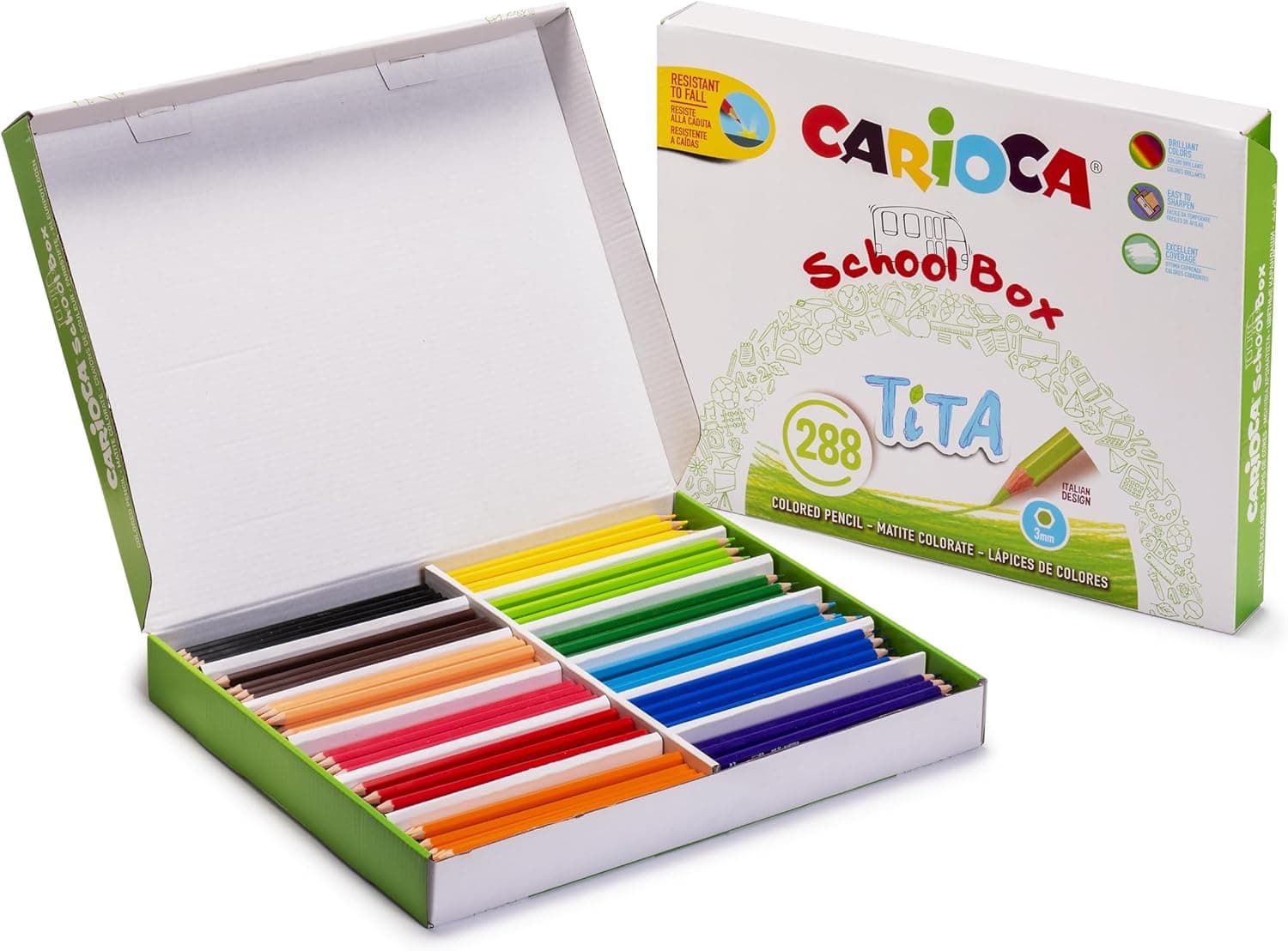 Carioca Lápis de cores TITA | School Box, caixa de 288 lápis de cores brilhantes, com mina segura e super resistente a quedas, corpo hexagonal, 288 peças