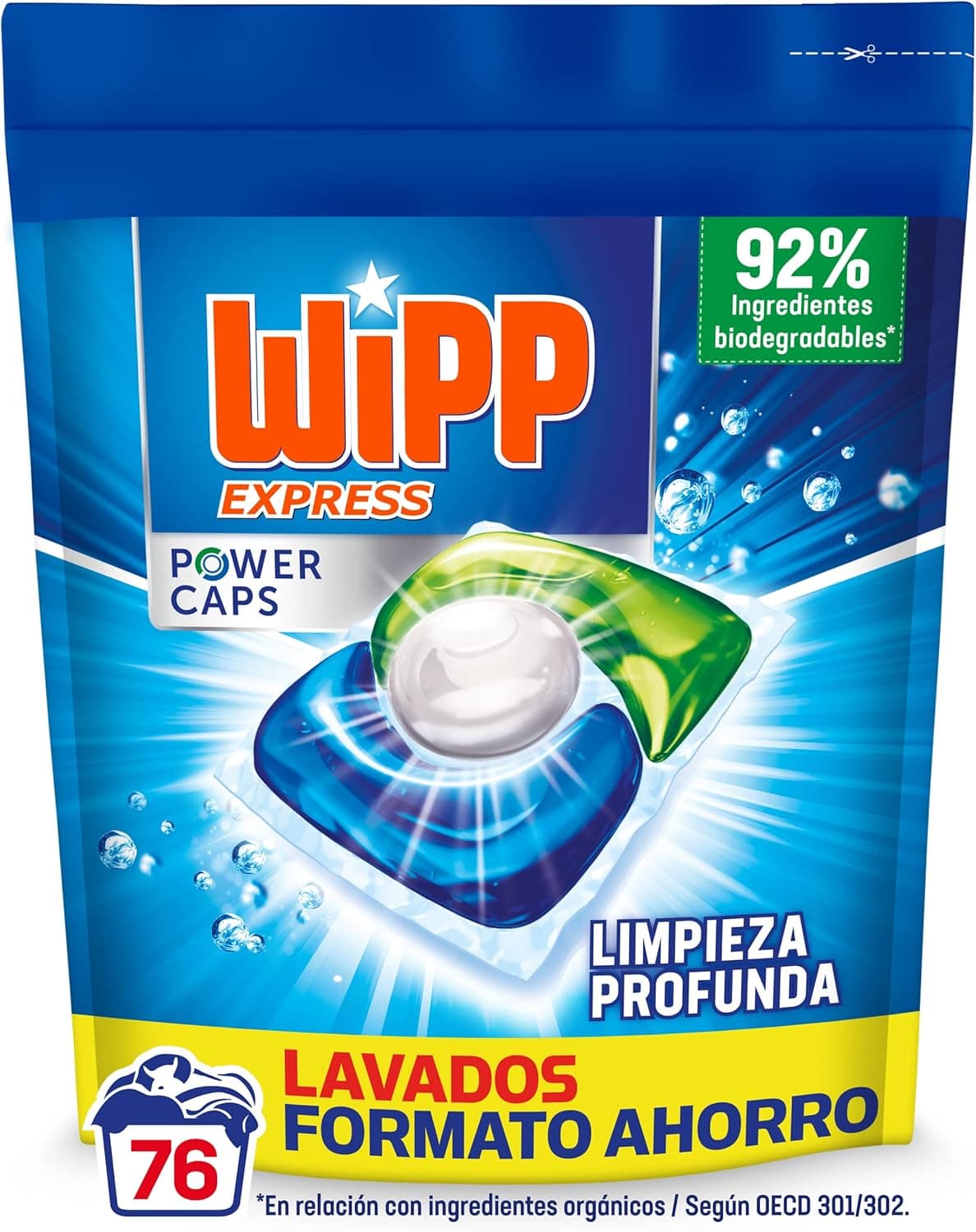 Wipp Express Power Caps Detergente em cápsulas para máquina de lavar roupa, 76 doses, limpeza profunda, eficaz em água fria