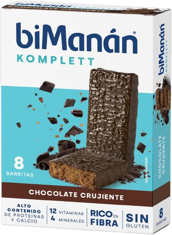 BIMANÁN KOMPLETT Barrinhas de chocolate crost, ricas em proteínas e fibra, com 12 vitaminas e 4 minerais, sem óleo de palma, sem glúten, 8 unidades (280 g)