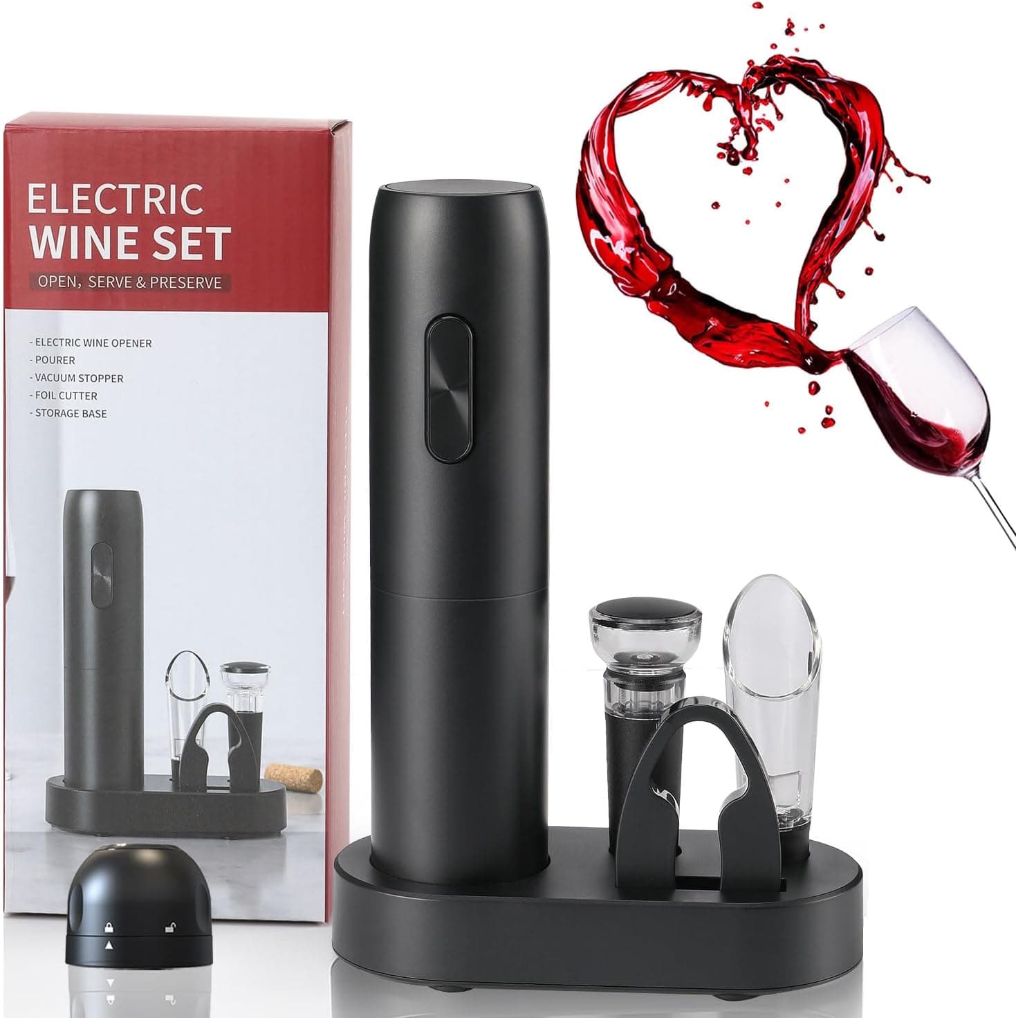 ZOYIDOUX Abridor de vinho elétrico 6 em 1 conjunto, saca-rolhas elétrico com base, cortador, vertedor, tampa de vácuo de silicone, tampões de champanhe, presente para os amantes do vinho