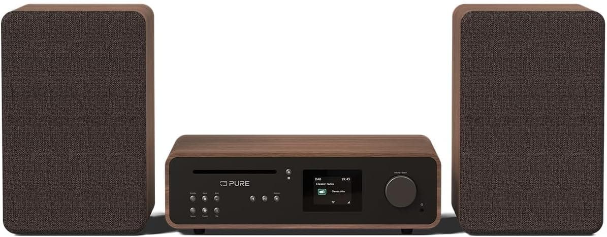 Pure Sistema de música HiFi estéreo clássico, rádio internet, Dab+/FM, Bluetooth 5.2, leitor de CD, USB, Spotify Connect, AUX, entrada ótica, som estéreo de 100 W, Coffee Black/Walnut