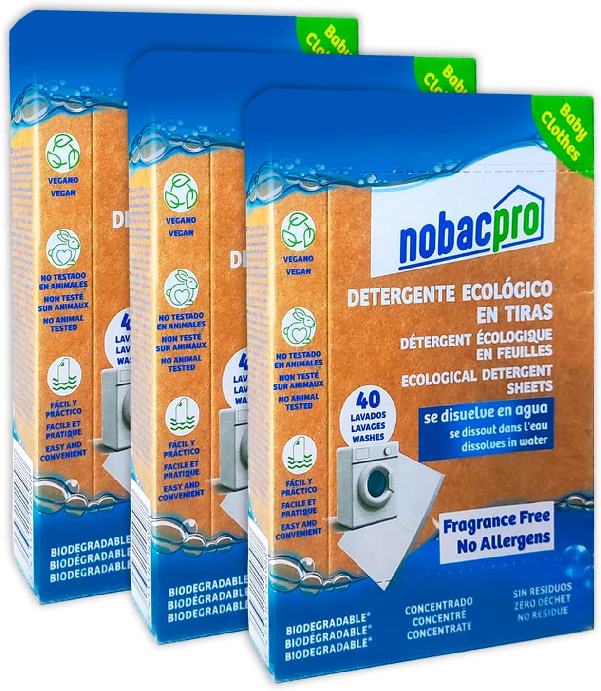 NobacPro - Detergente em tiras para máquina de lavar | até 120 lavagens - 60 tiras | Olor Free Fragance | 100% ecológico, hipoalergénico e vegano, não contém plásticos, fabricado em Espanha