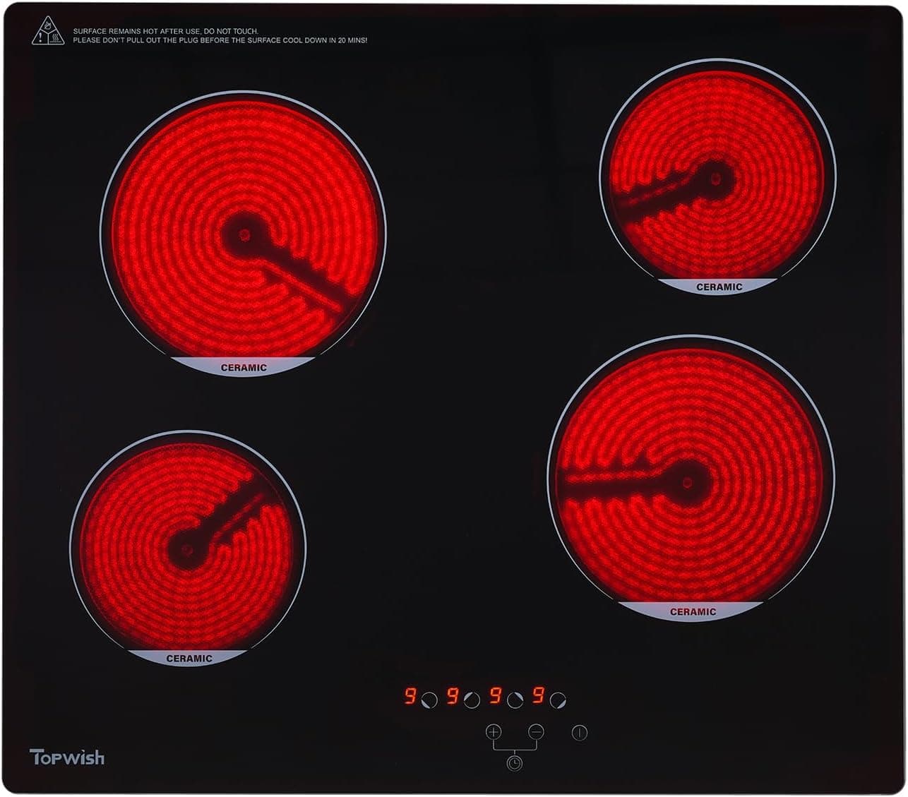 Topwish 60 cm glass ceramic hob, 4-burner hob, 6000 W, glass-ceramic hob with child-proof closure, touch control, residual heat indicator, timer 4 Hob ceramic hobs