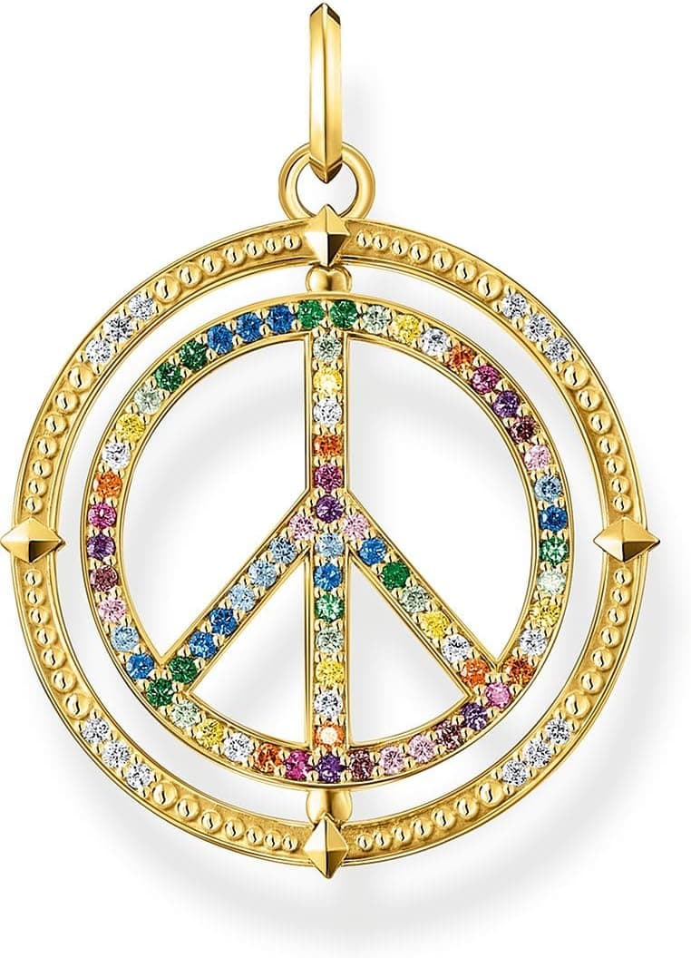 Thomas Sabo Colar com pingente Peace para mulher, com várias zircões coloridos, prata de lei 925 enegrecida e banhado a ouro 750, tamanho: 37 x 28 mm, PE941-996-7, H: ca. 37 mm/B: Ca. 28 mm