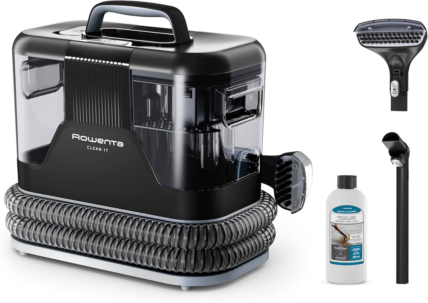 Rowenta Clean It, Aspirador de estofos multiusos, grande reservatório removível de 1,8 L de água limpa e 1,5 L de água residual, design compacto, 12,5 kPa, 400 W, auto-limpeza, branco e preto, IN5010